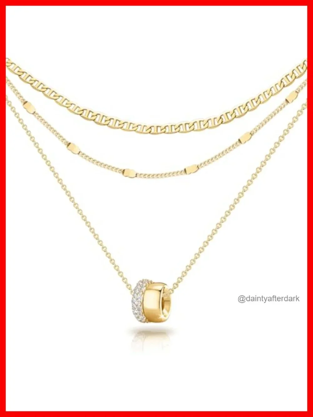 Layered CZ Rondelle Pendant Necklace Set 14K Gold Plated Mariner Chain Dainty